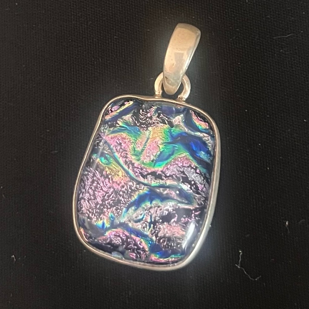 Multicolor Iridescent Glass and Sterling Silver Pendant, 1" x 3/4"